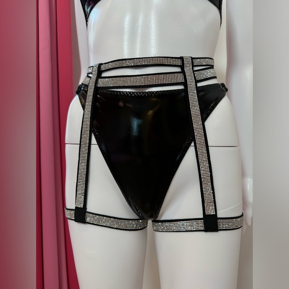 Black Vinyl Mesh Rhinestone Lingerie Set 4 Pieces, XS Custom - Picture 6 of 13